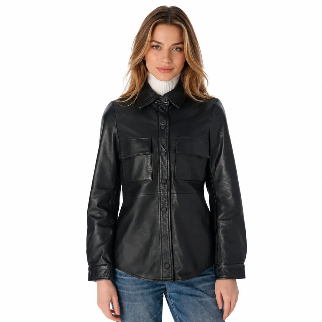 Women’s Black Leather Shirt Stylish Button-Up Top_1