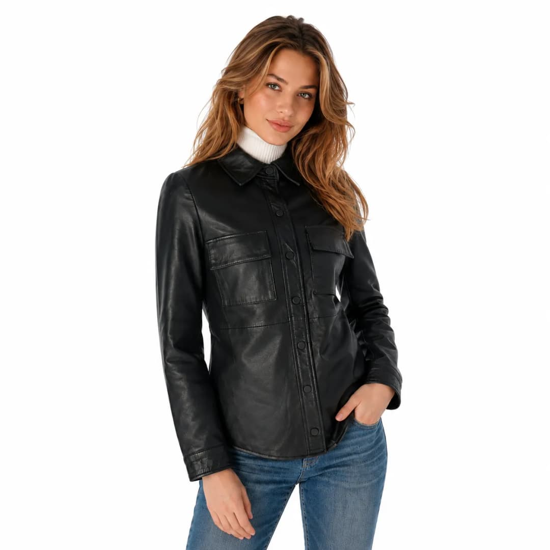 Women’s Black Leather Shirt Stylish Button-Up Top_2