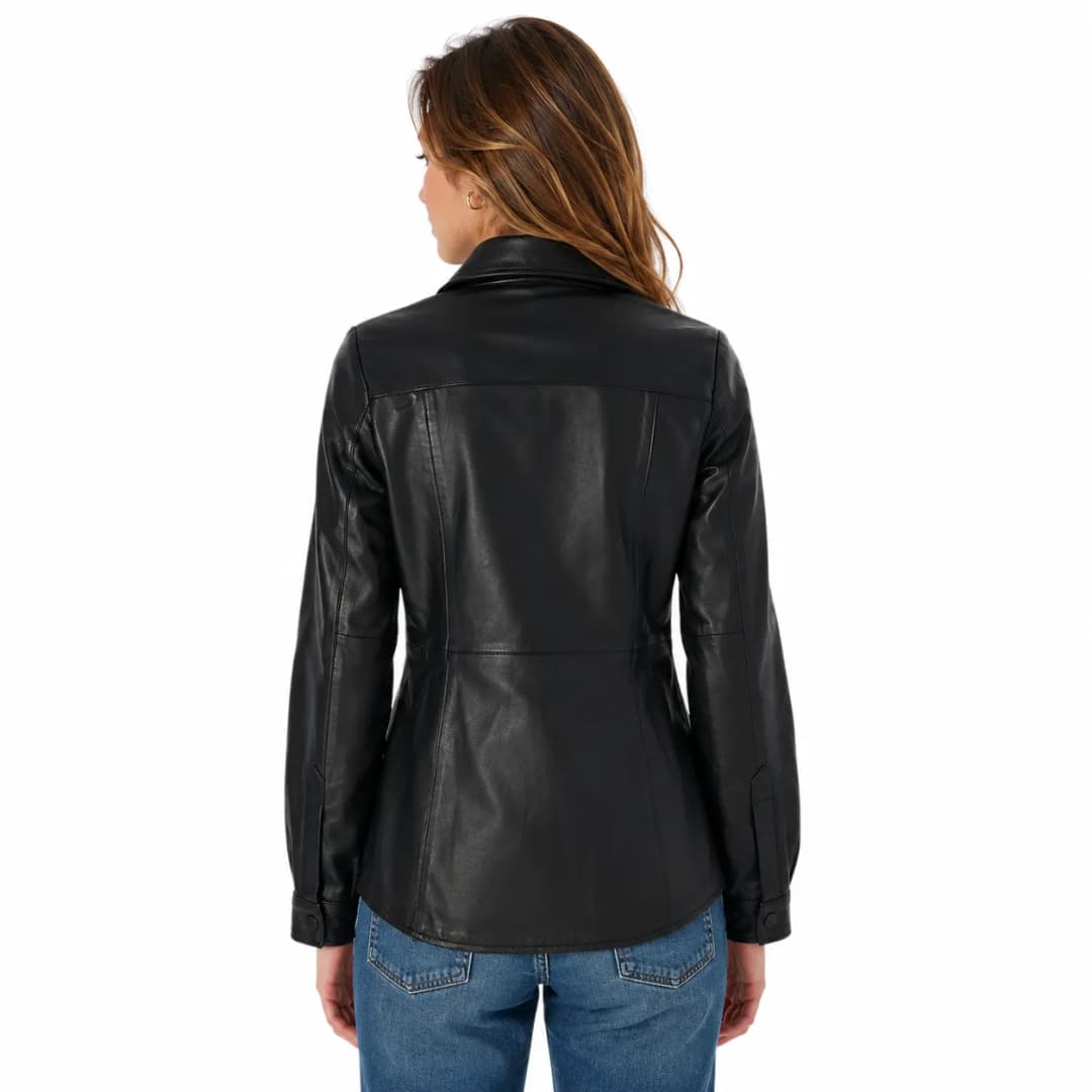 Women’s Black Leather Shirt Stylish Button-Up Top_3