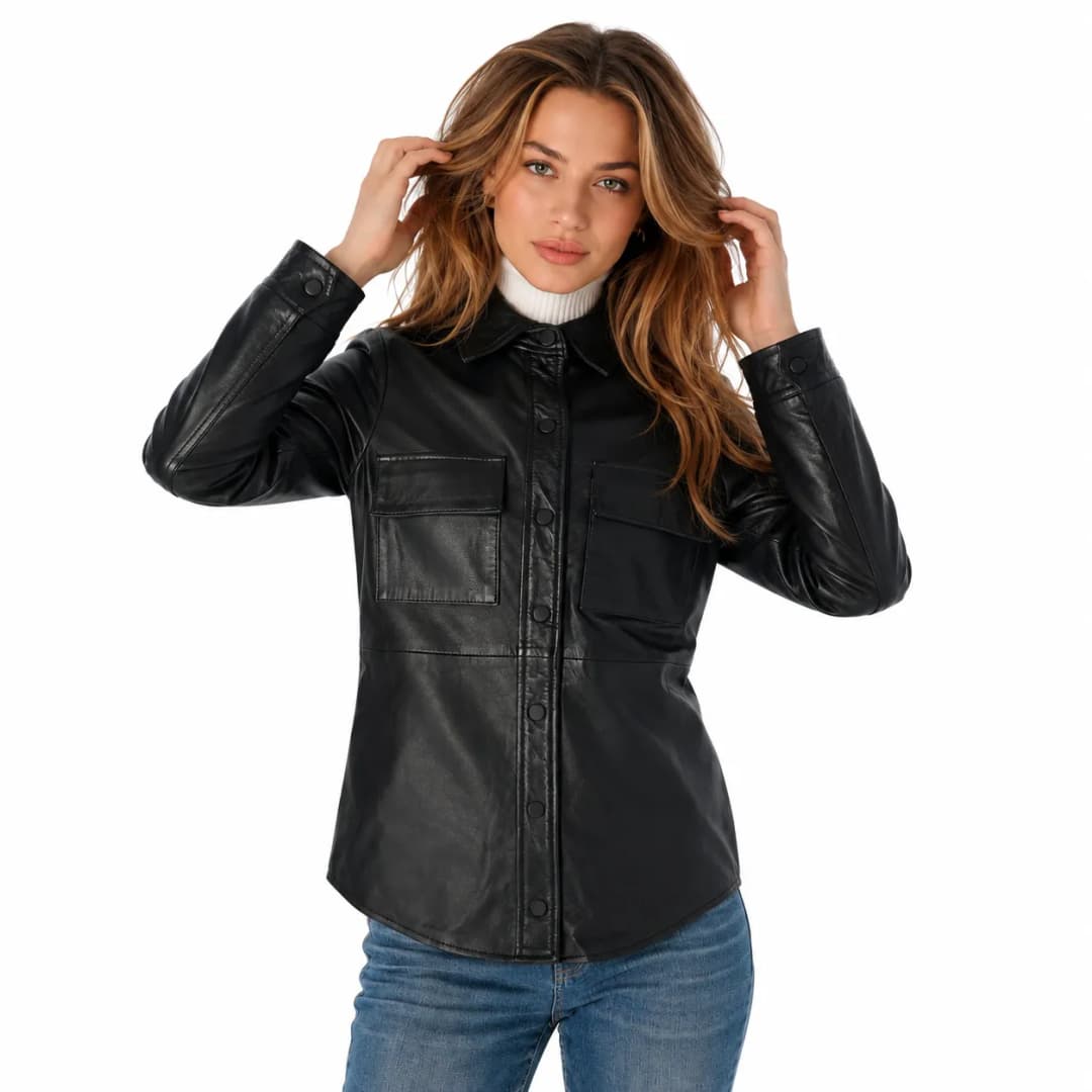Women’s Black Leather Shirt Stylish Button-Up Top_4