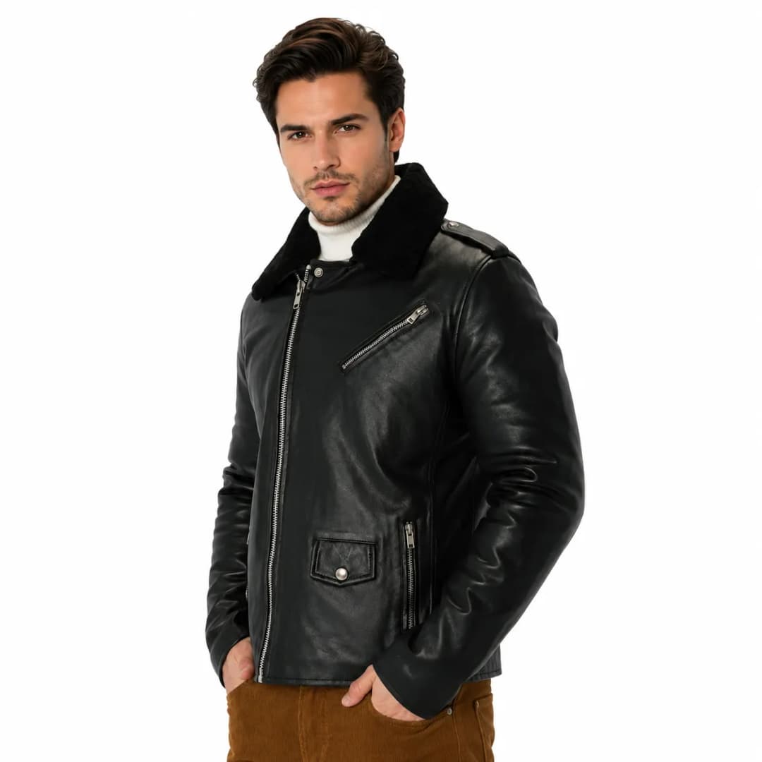 Mens Black Leather Flight Bomber Jacket_2