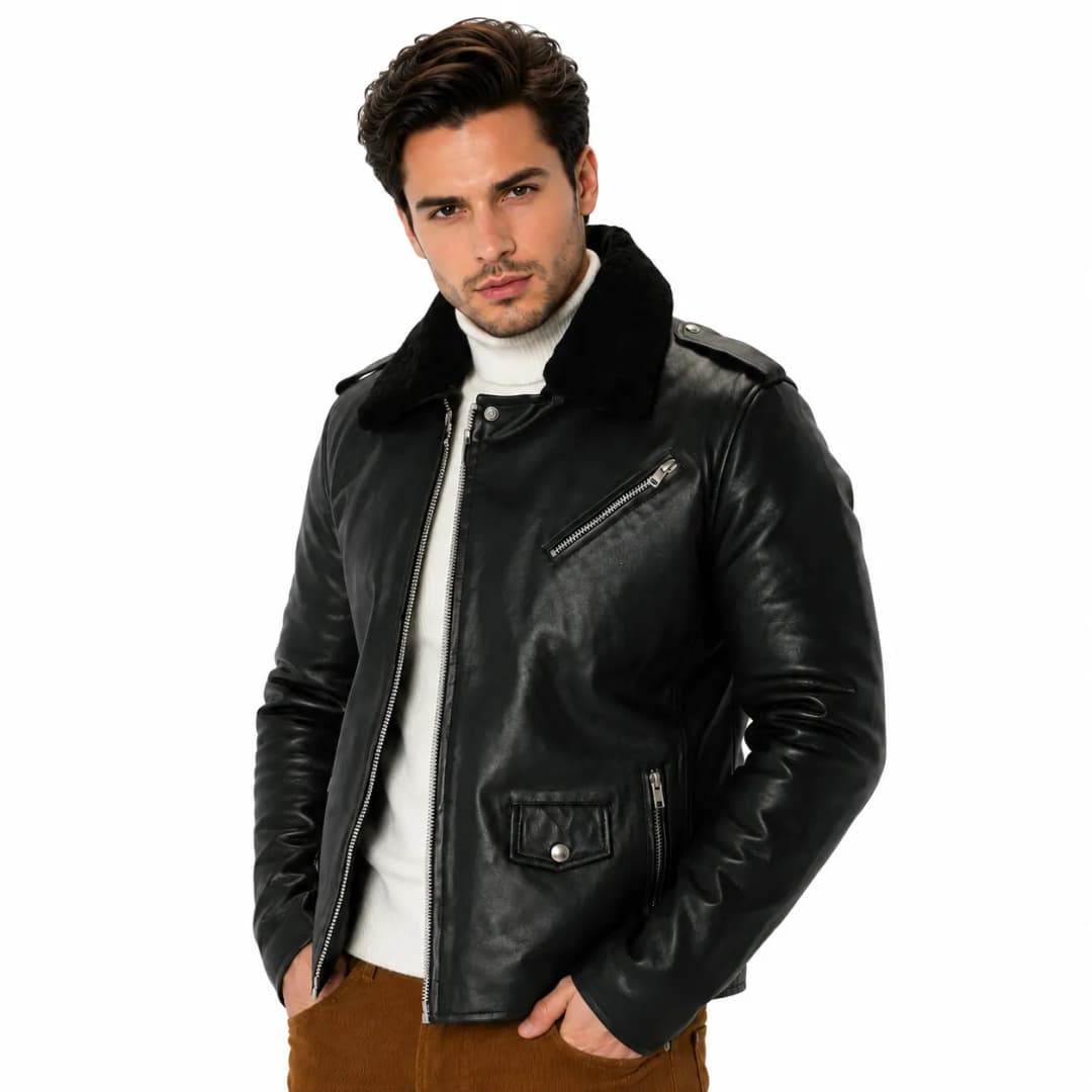 Mens Black Leather Flight Bomber Jacket_3