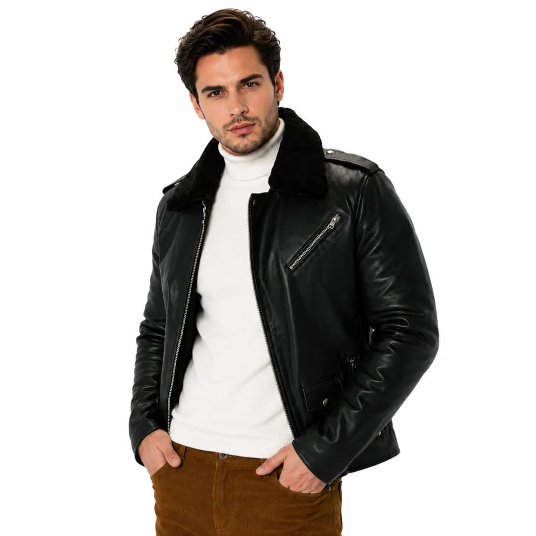 Mens Black Leather Flight Bomber Jacket_4