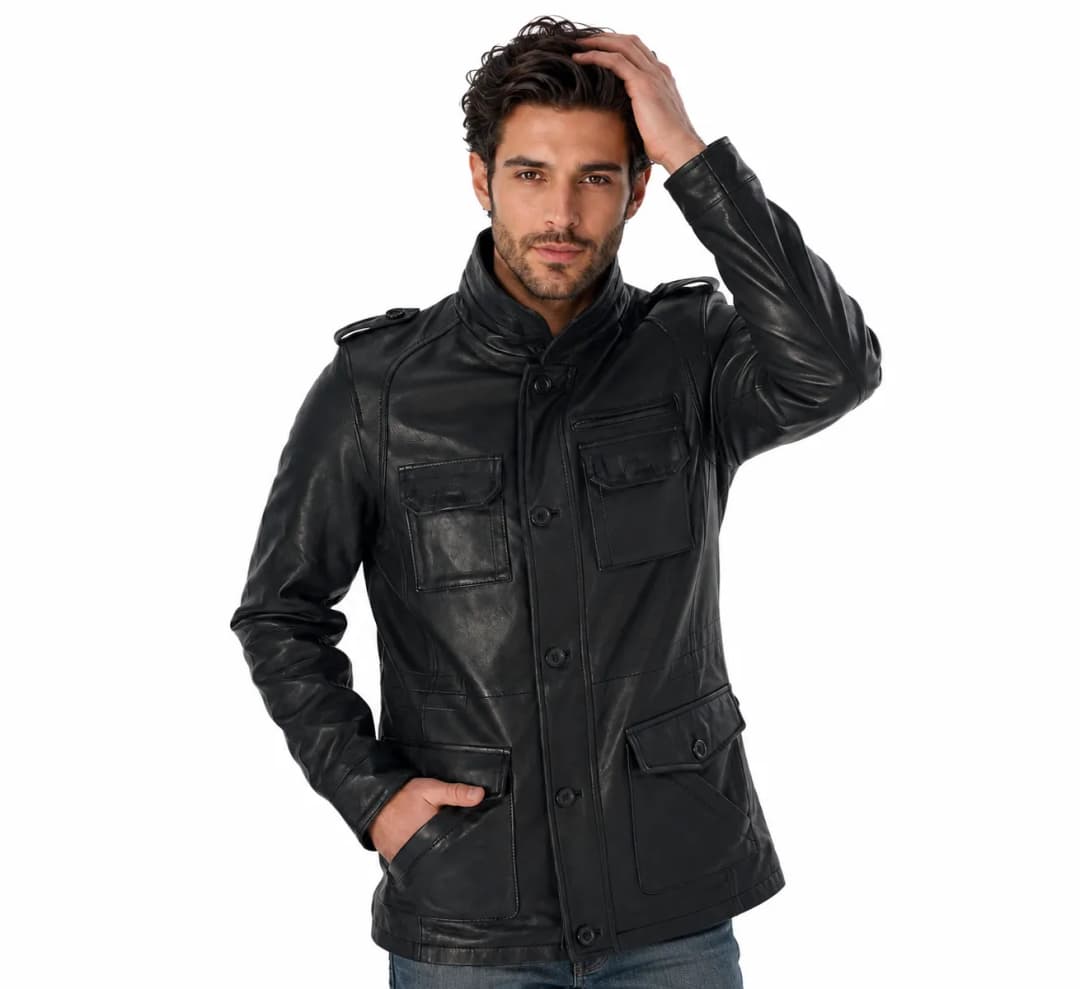 Mens Black Leather Long Trucker Jacket_2