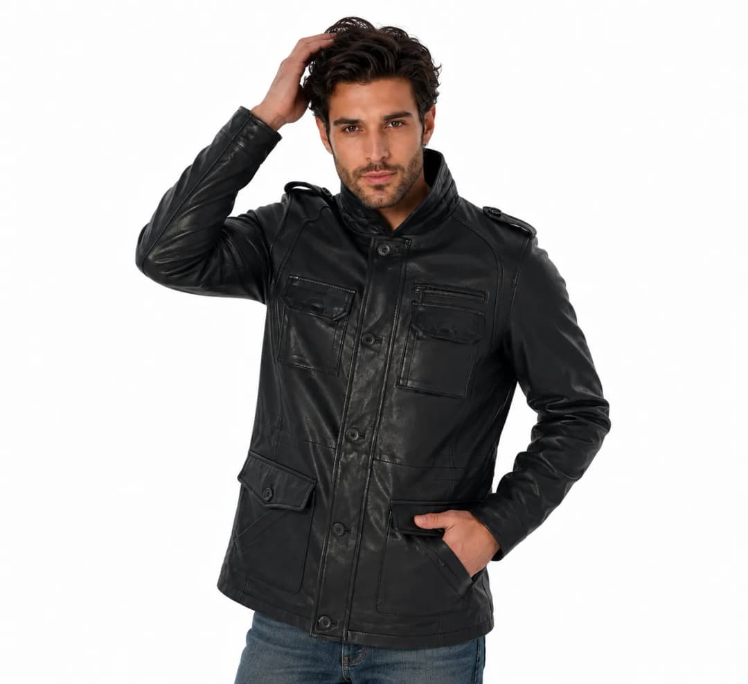Mens Black Leather Long Trucker Jacket_3