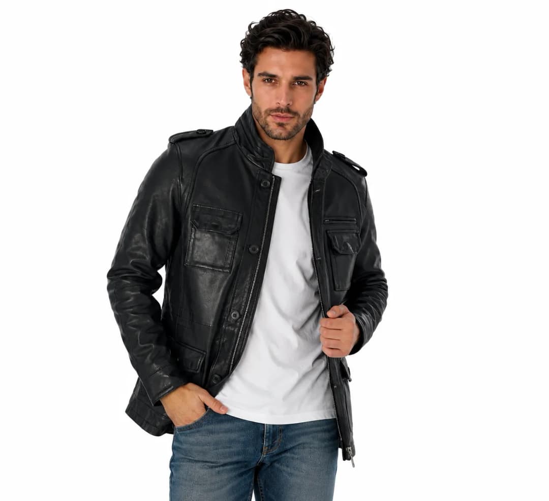 Mens Black Leather Long Trucker Jacket_4