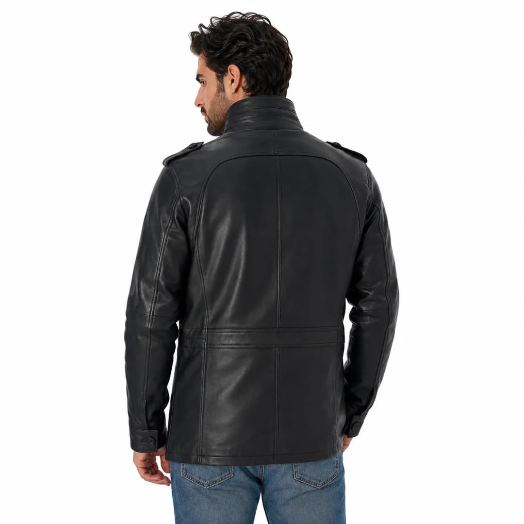 Mens Black Leather Long Trucker Jacket_5