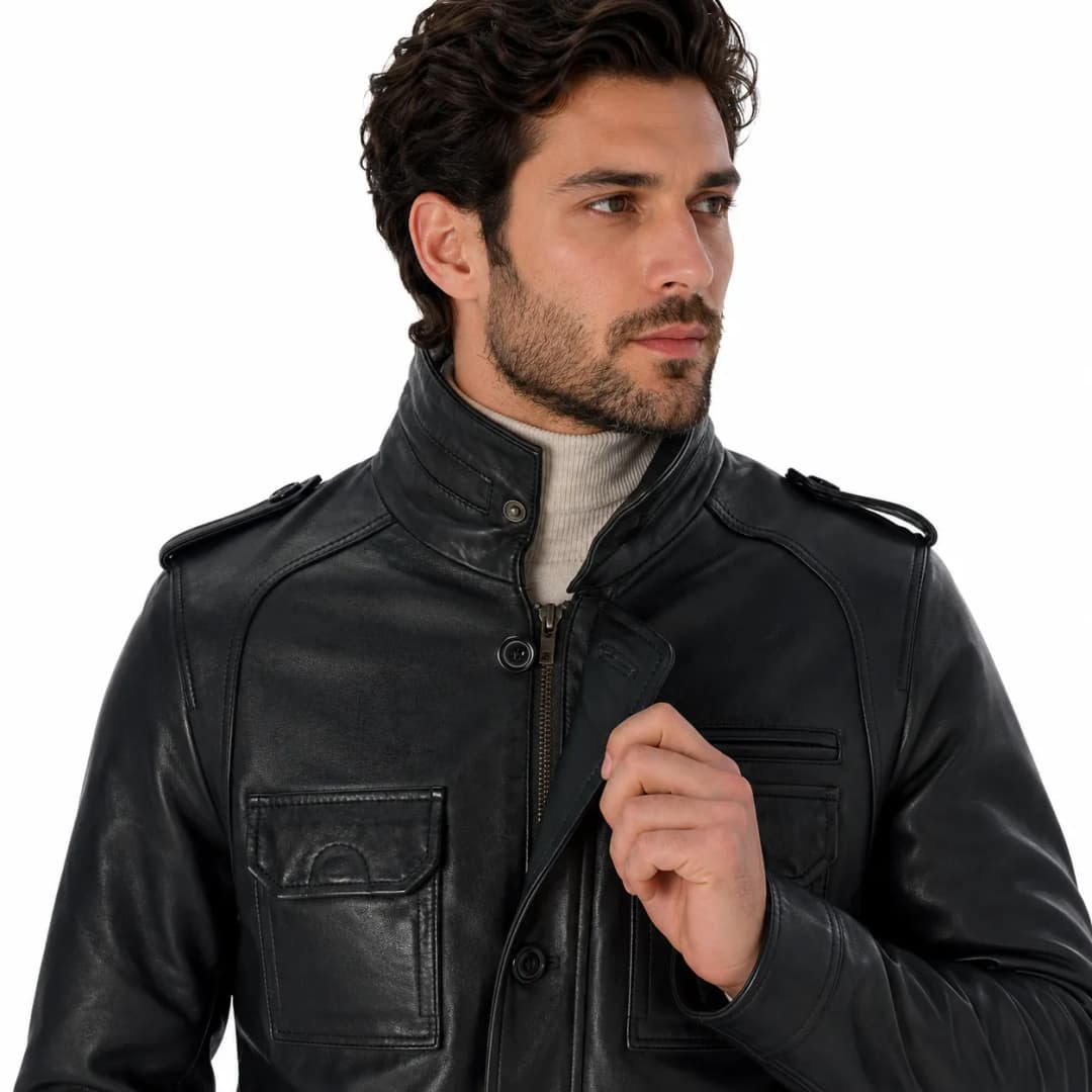 Mens Black Leather Long Trucker Jacket_6
