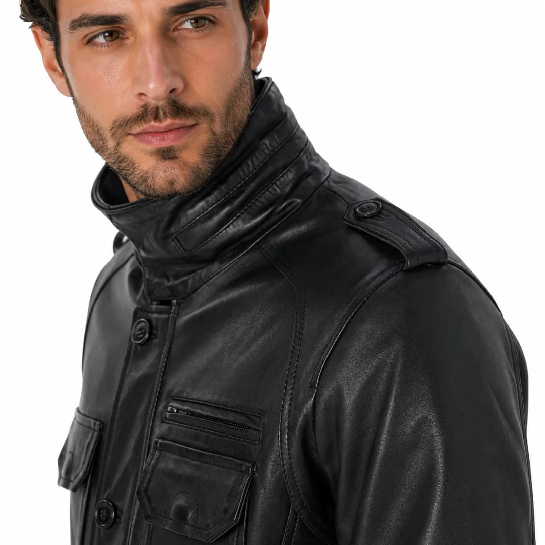 Mens Black Leather Long Trucker Jacket_7