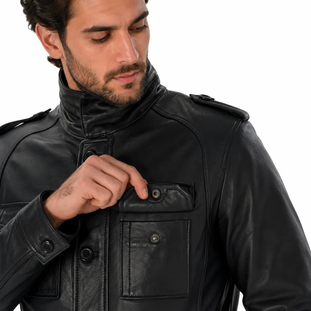 Mens Black Leather Long Trucker Jacket_8