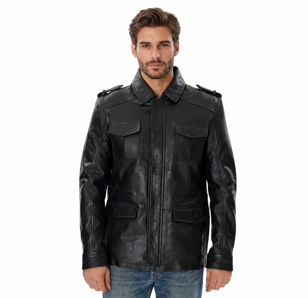 Mens Classic Black Leather Long Trucker Jacket_1