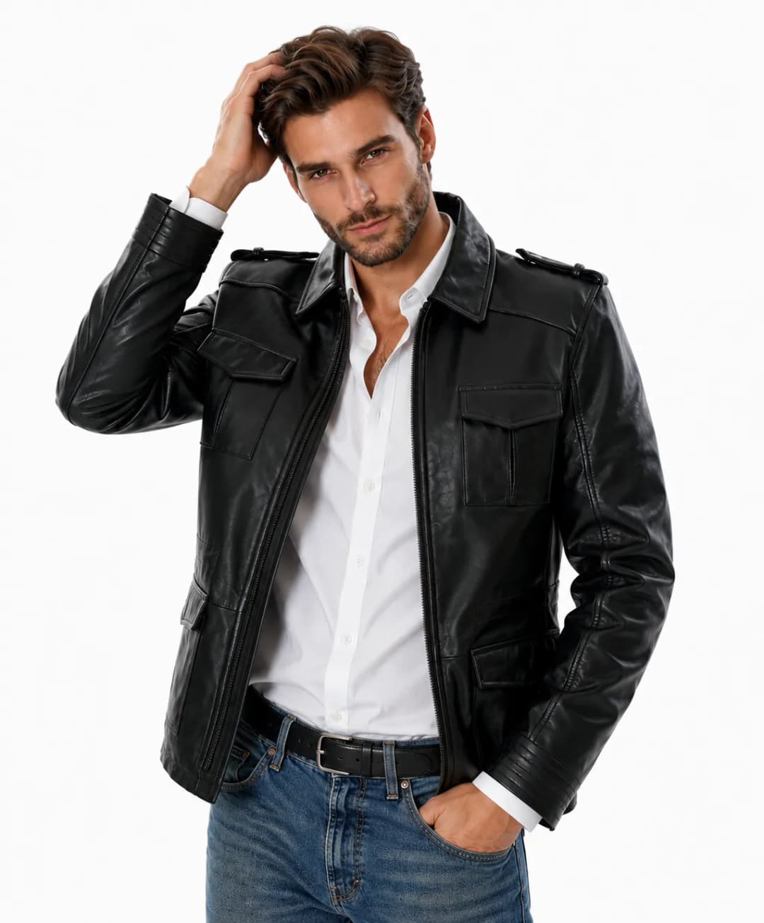 Mens Classic Black Leather Long Trucker Jacket_2