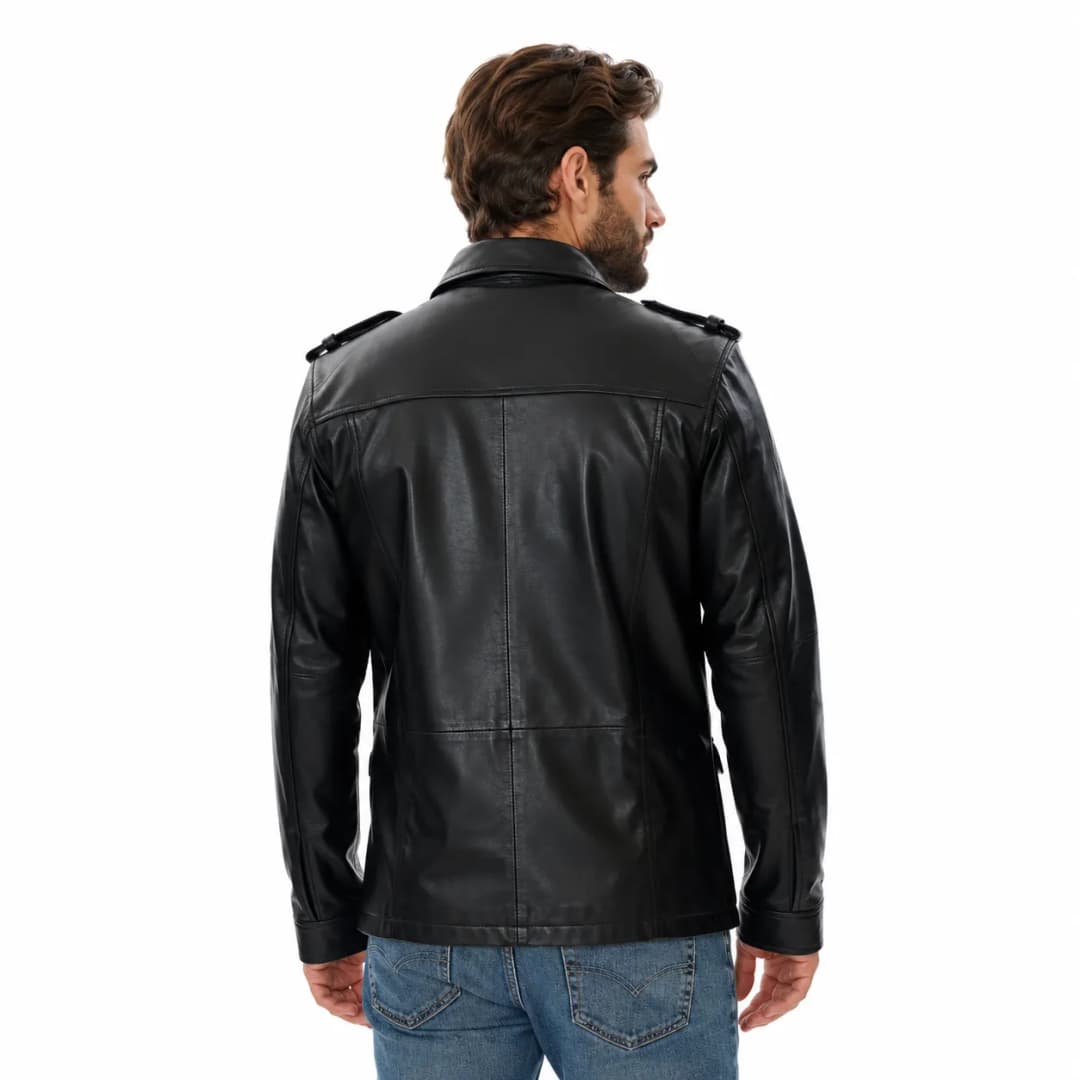 Mens Classic Black Leather Long Trucker Jacket_3