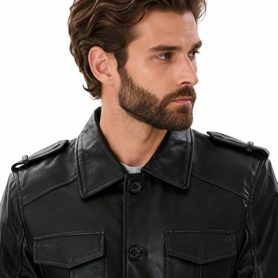 Mens Classic Black Leather Long Trucker Jacket_4