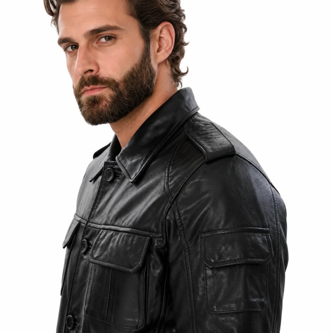 Mens Classic Black Leather Long Trucker Jacket_5