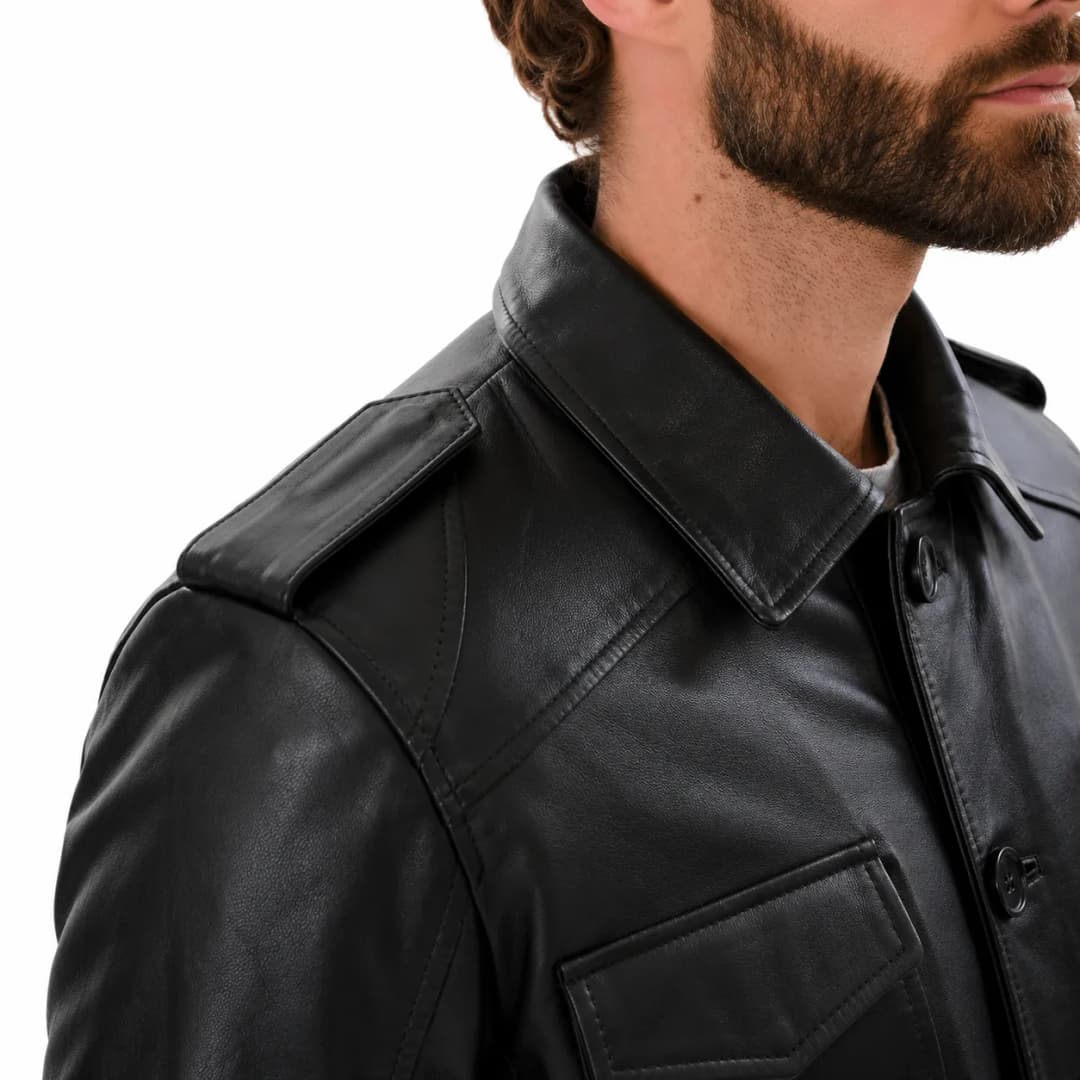 Mens Classic Black Leather Long Trucker Jacket_6