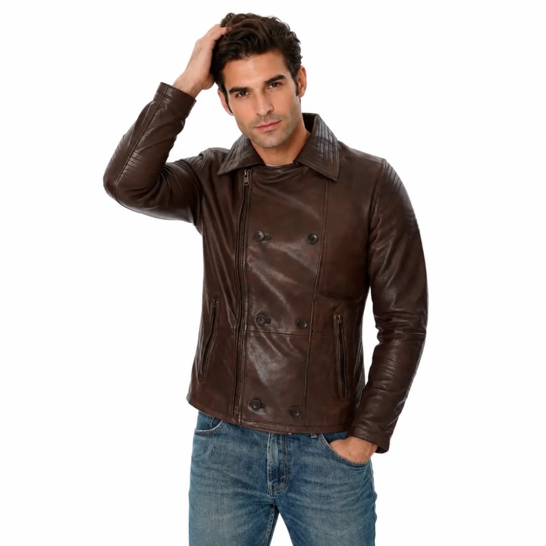 Mens Double Breasted Brown Leather Jacket_2