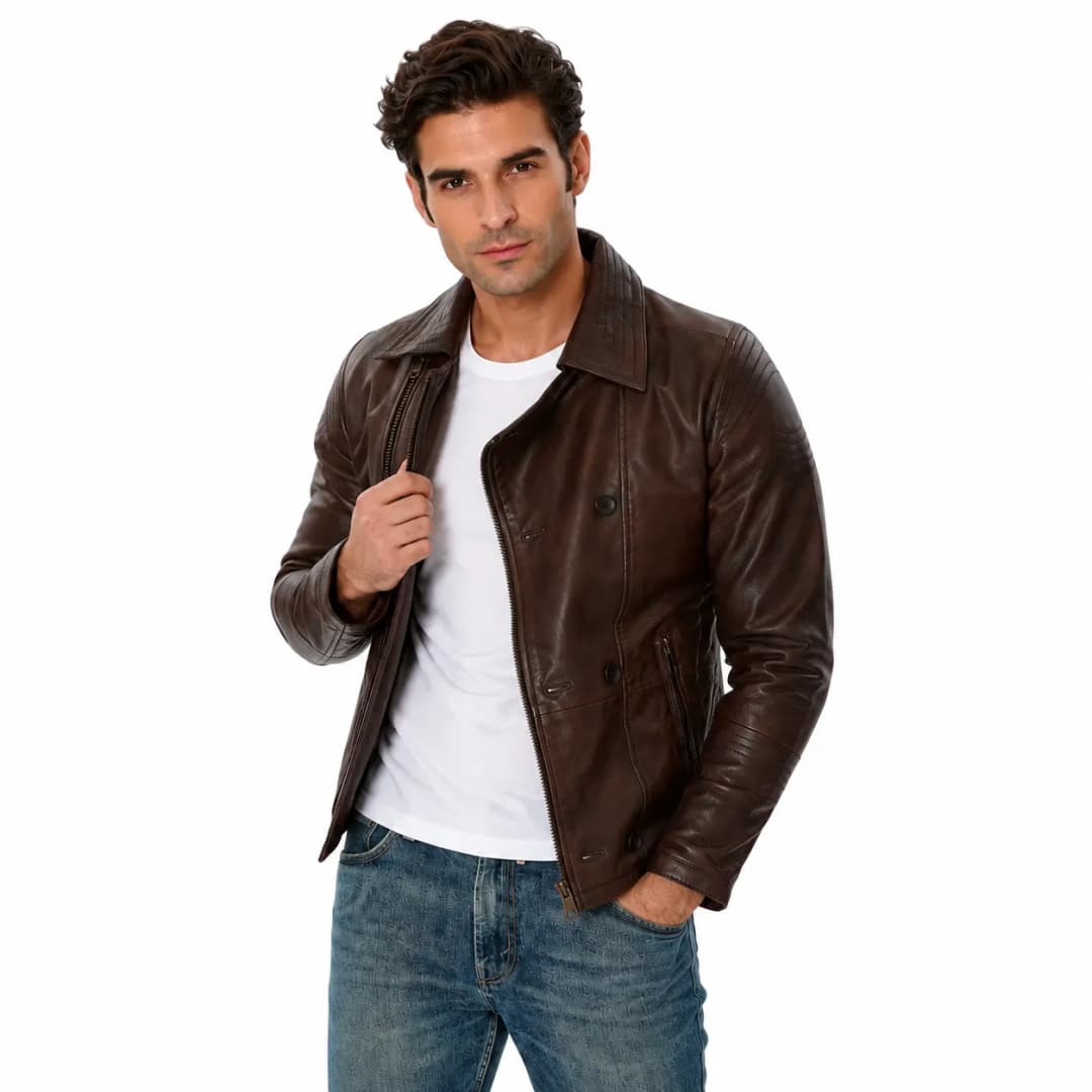 Mens Double Breasted Brown Leather Jacket_3