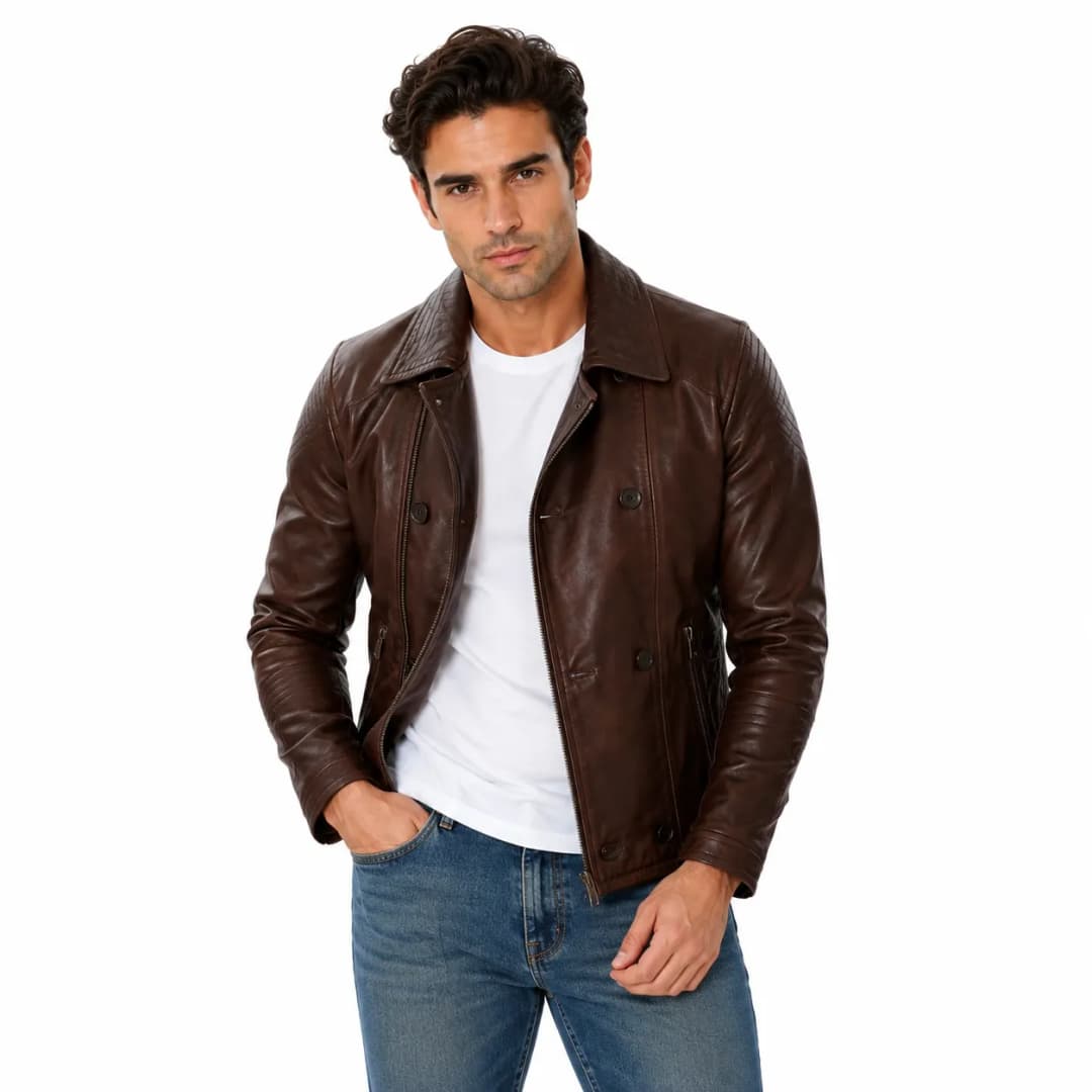 Mens Double Breasted Brown Leather Jacket_5
