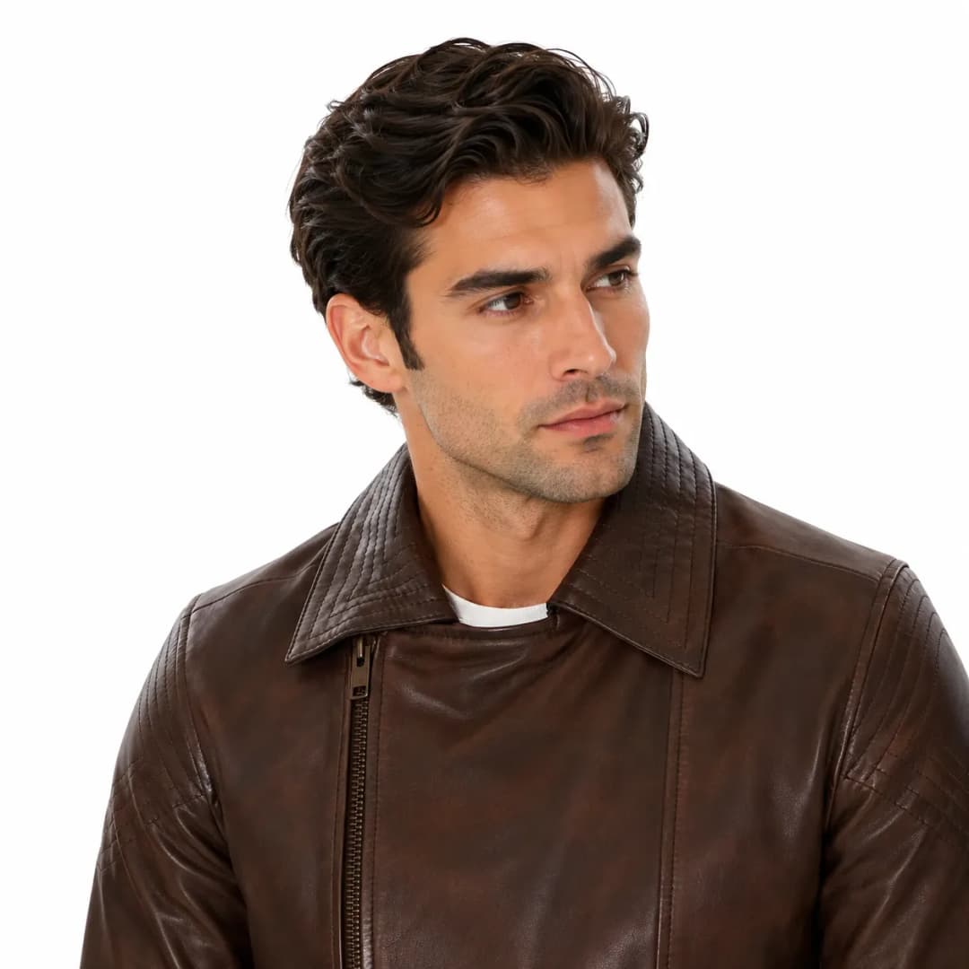 Mens Double Breasted Brown Leather Jacket_6