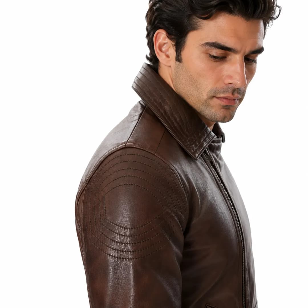 Mens Double Breasted Brown Leather Jacket_7