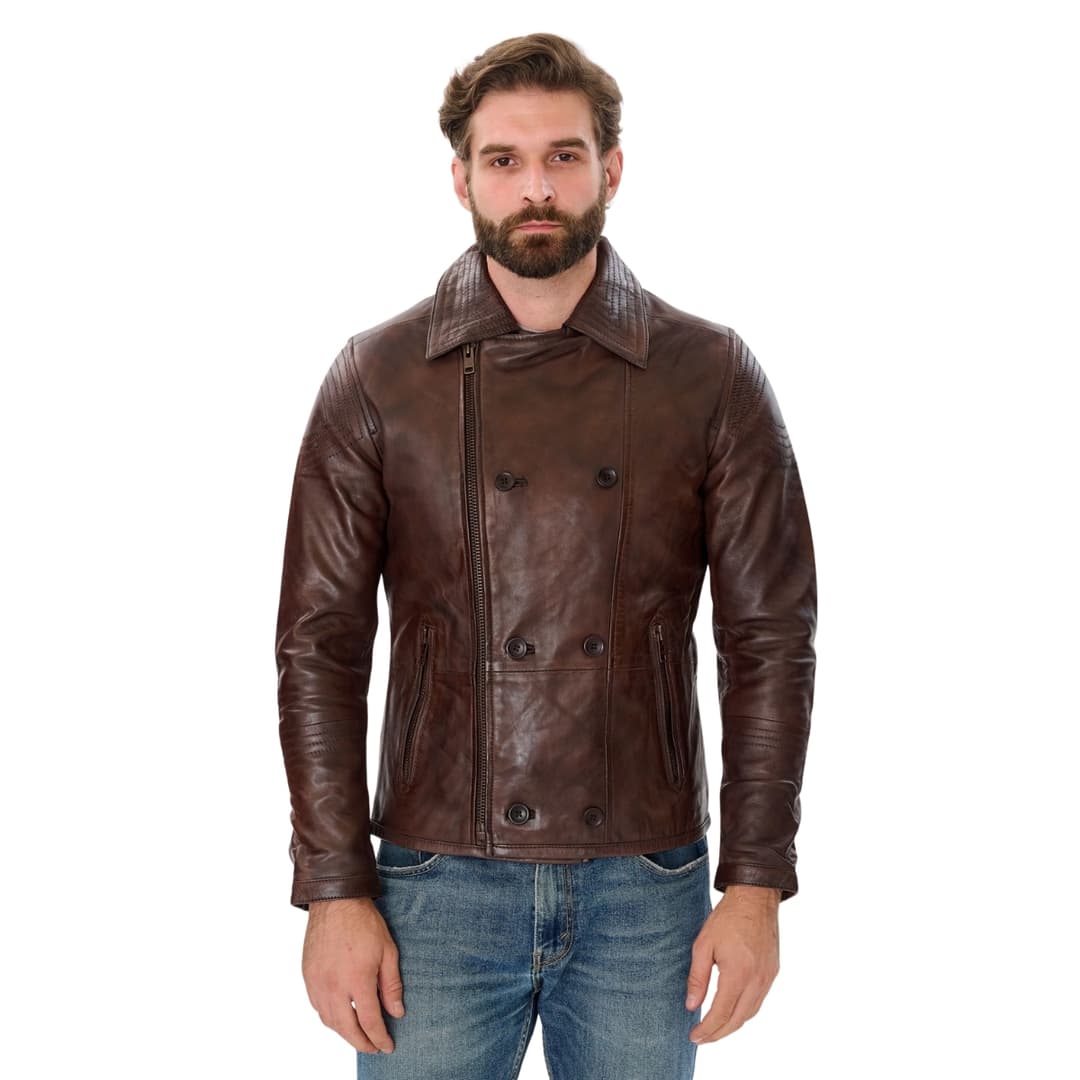 Mens Double Breasted Brown Leather Jacket