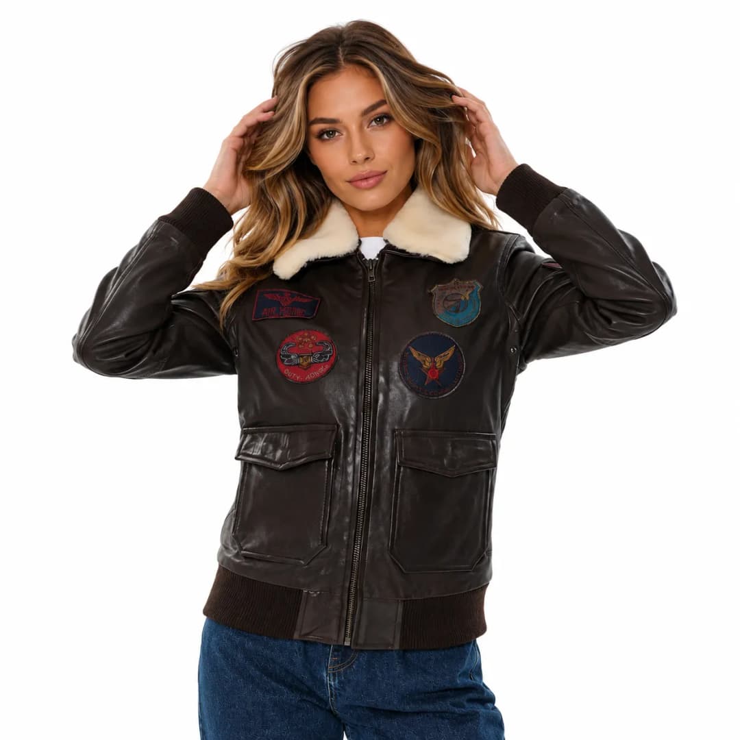 Vintage Brown Women’s Aviator Bomber Jacket with Fur Collar-6