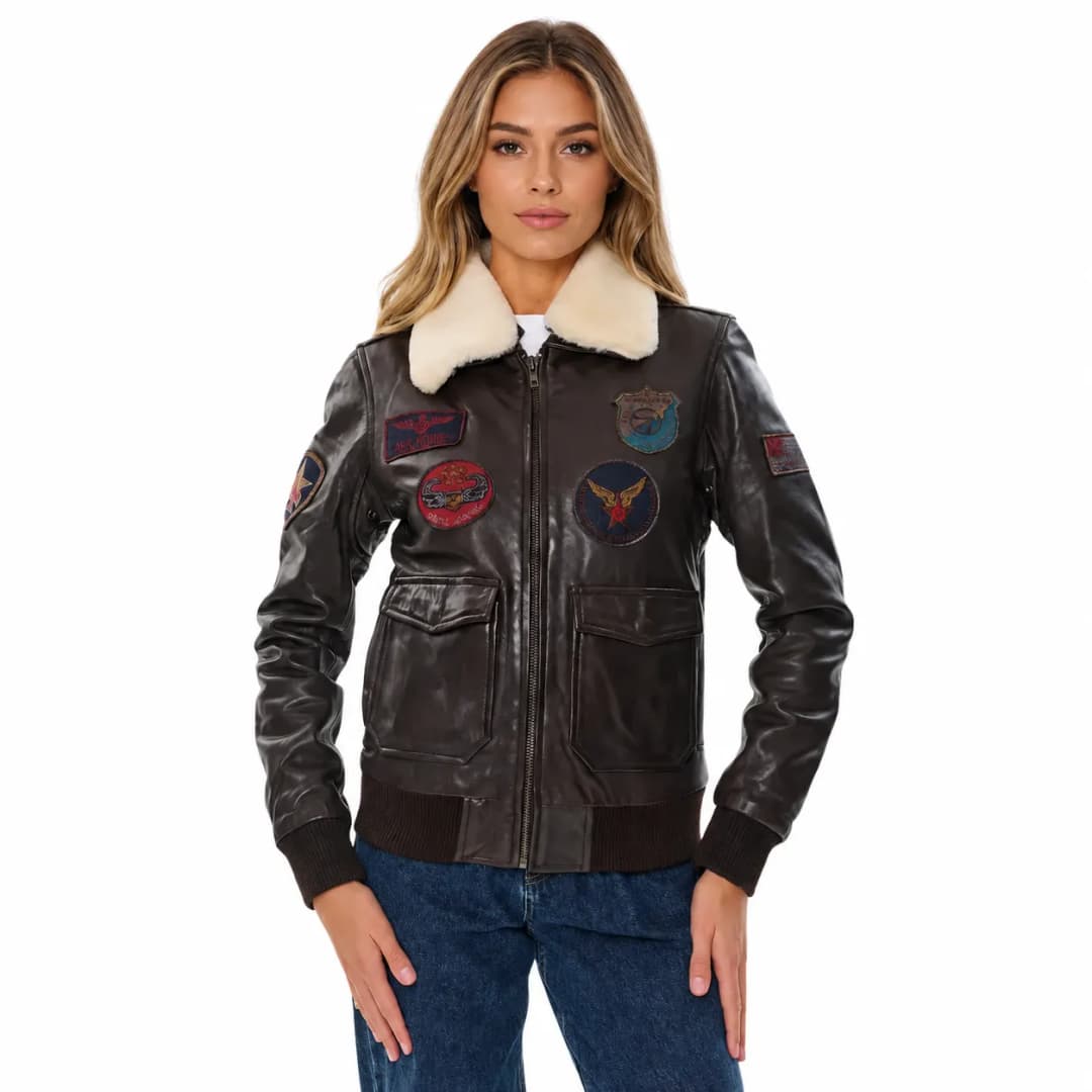 Vintage Brown Women’s Aviator Bomber Jacket with Fur Collar_1