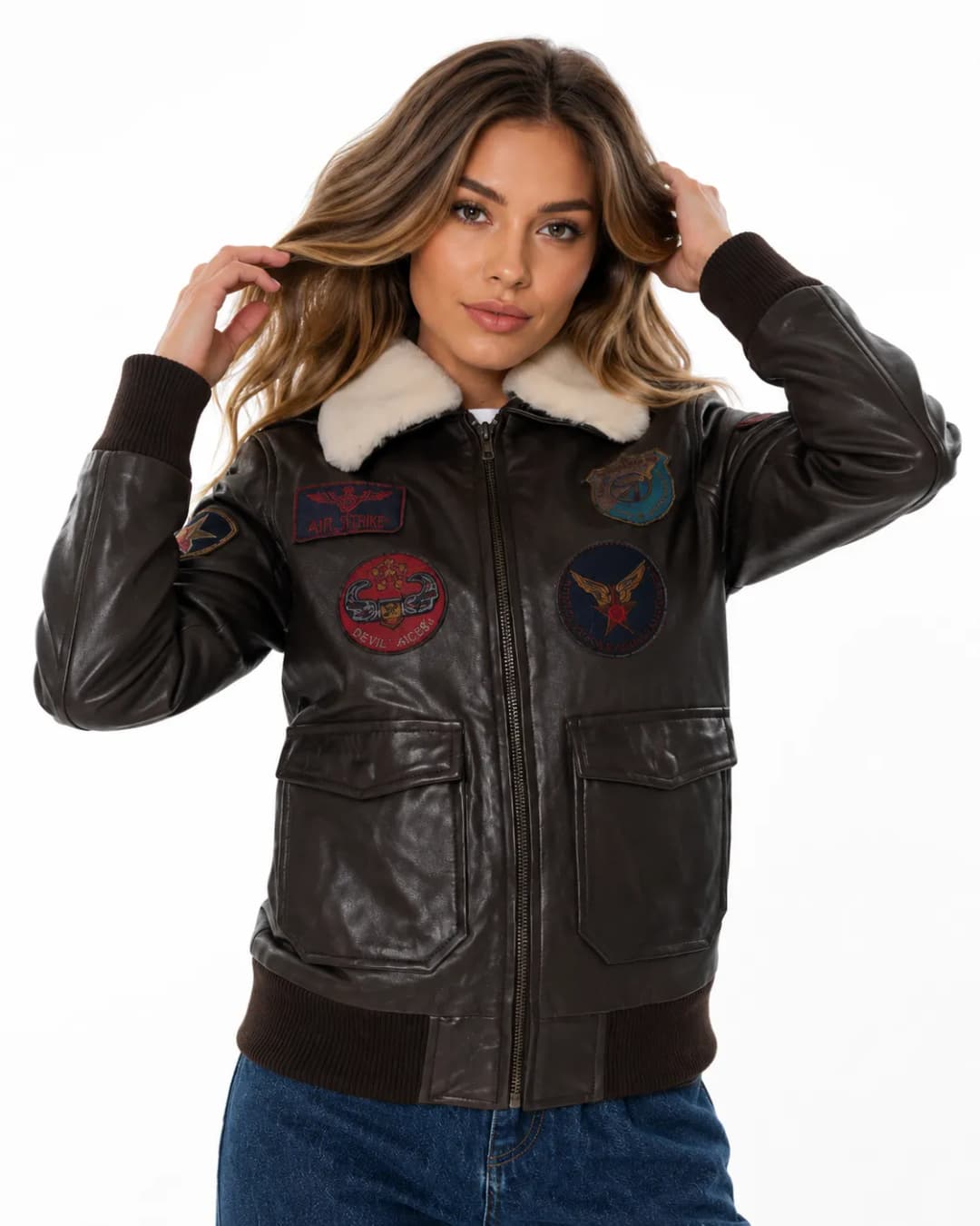 Vintage Brown Women’s Aviator Bomber Jacket with Fur Collar_2