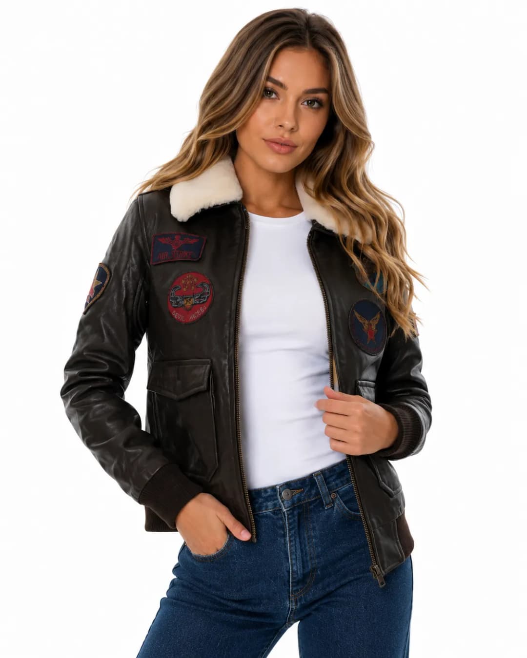 Vintage Brown Women’s Aviator Bomber Jacket with Fur Collar_3