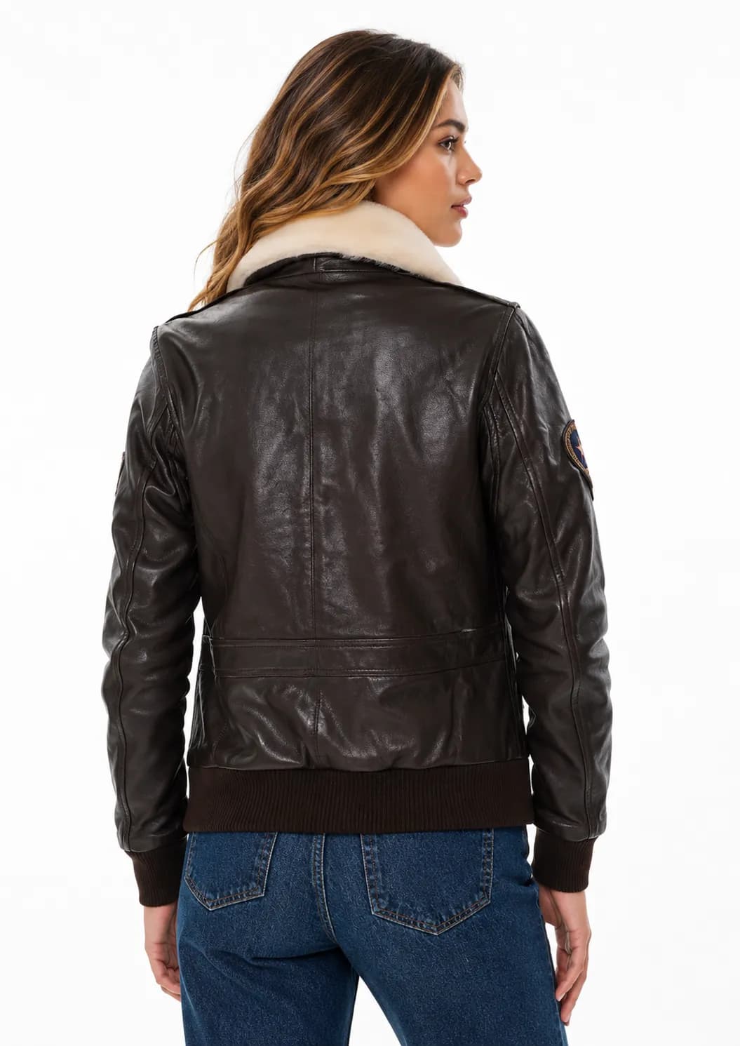 Vintage Brown Women’s Aviator Bomber Jacket with Fur Collar_4