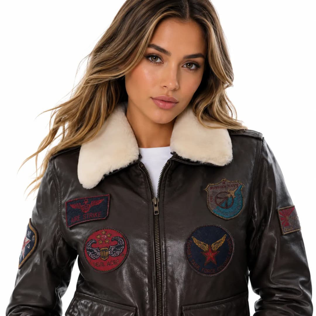 Vintage Brown Women’s Aviator Bomber Jacket with Fur Collar_5