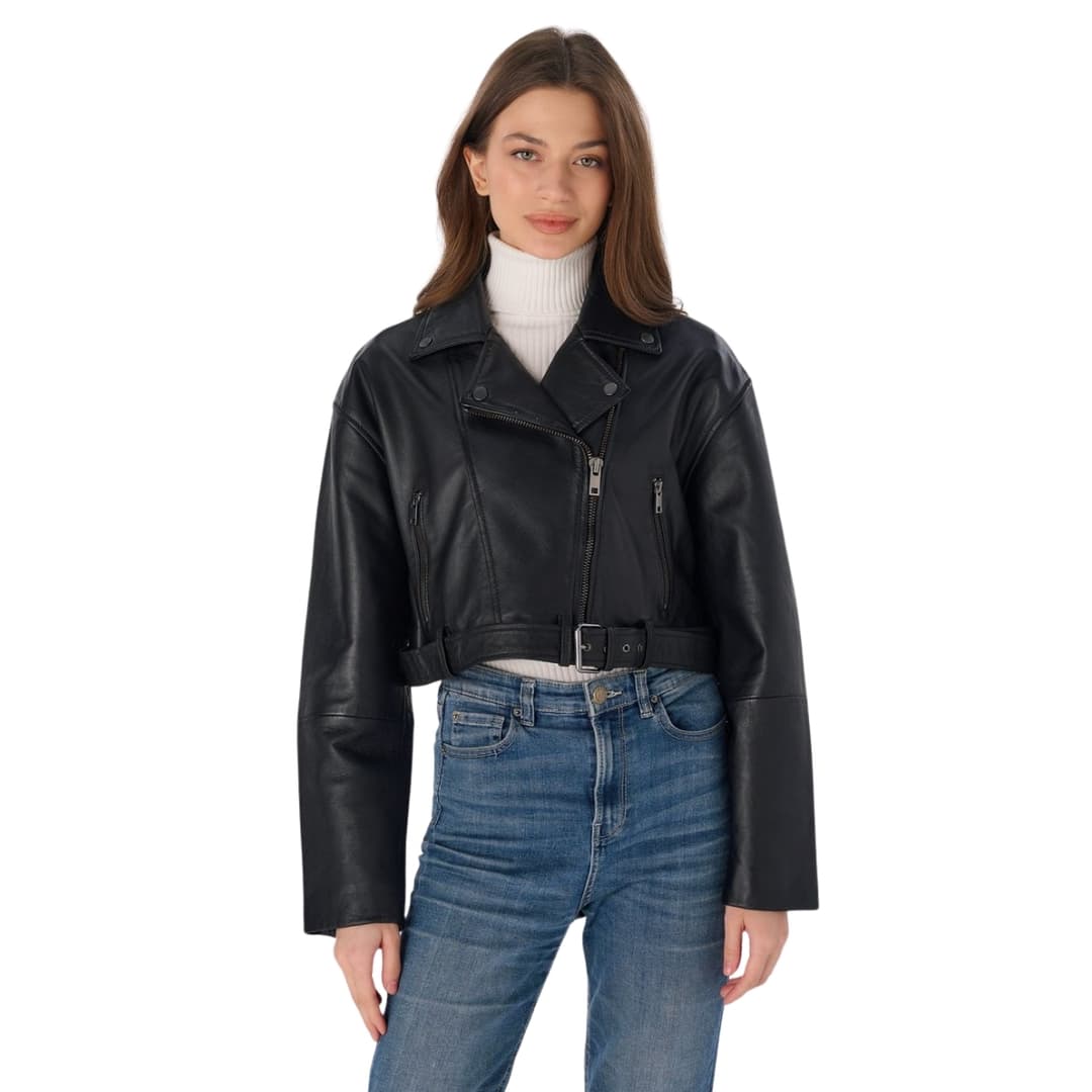 Womens Belted Cropped Black Leather Motorcycle Jacket