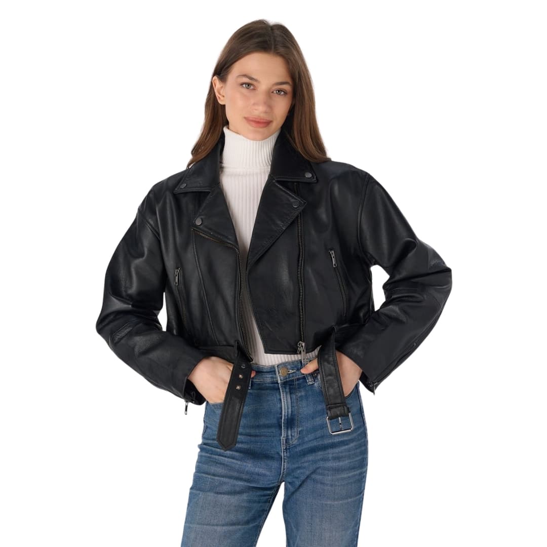 Womens Belted Genuine Leather Jacket
