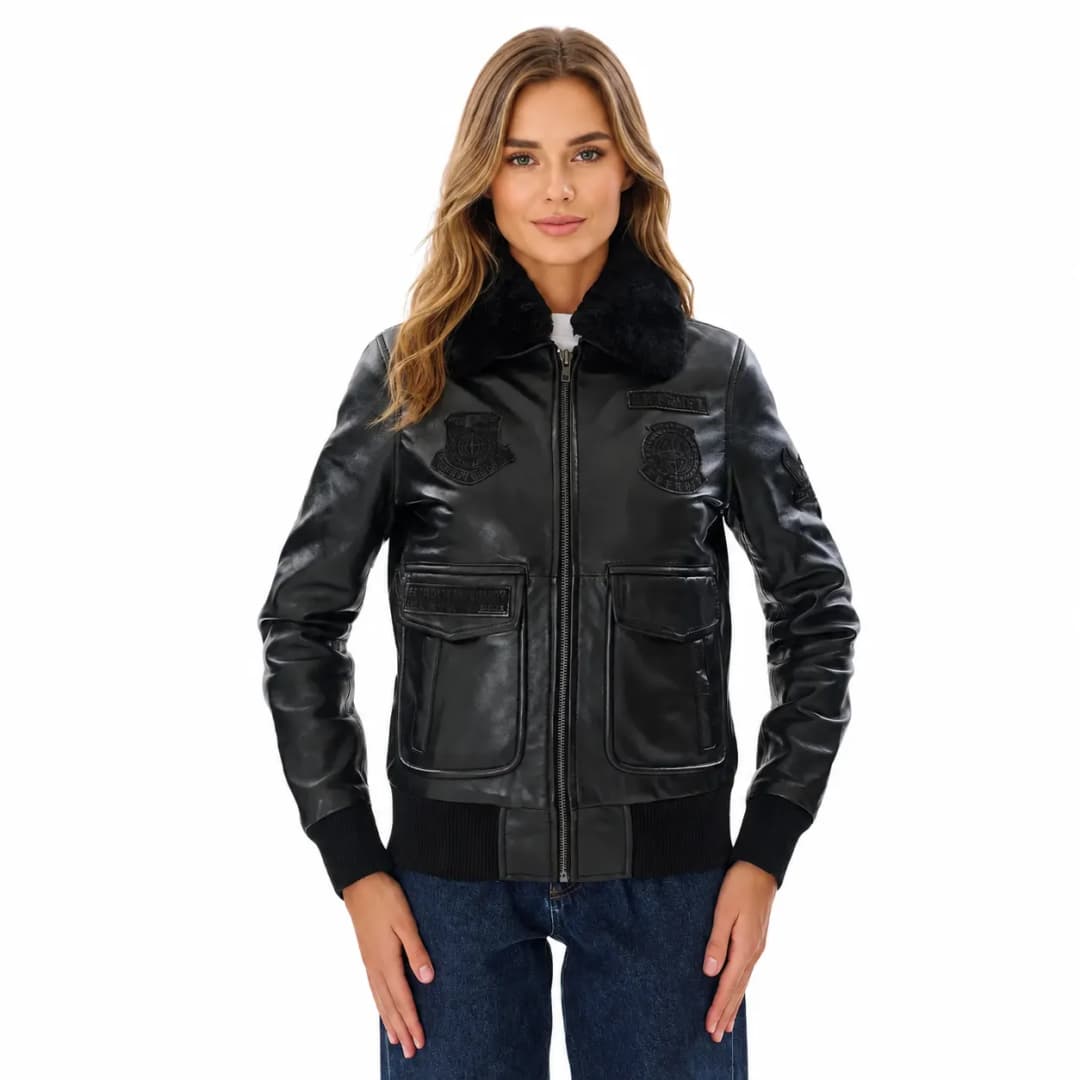 Womens Black Leather Flight Bomber Jacket With Fur Collar-1