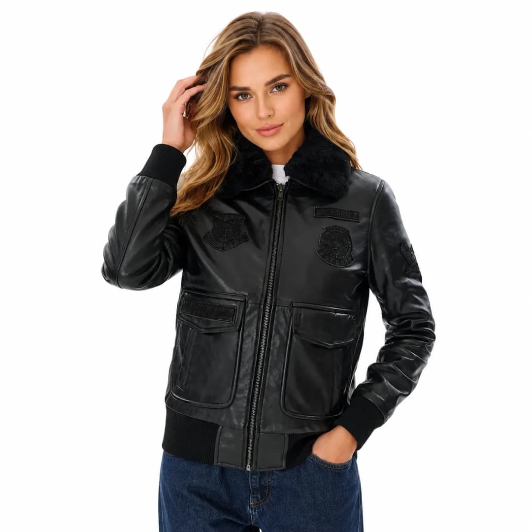 Womens Black Leather Flight Bomber Jacket With Fur Collar-2