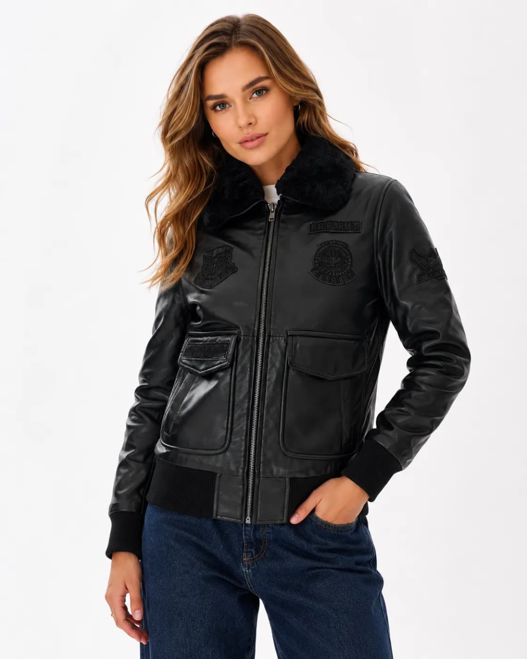 Womens Black Leather Flight Bomber Jacket With Fur Collar-3