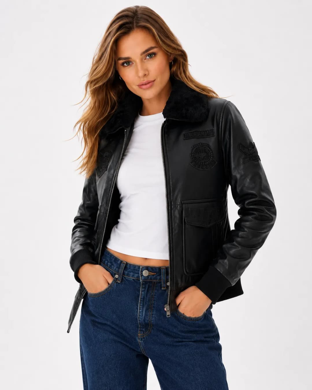 Womens Black Leather Flight Bomber Jacket With Fur Collar-4