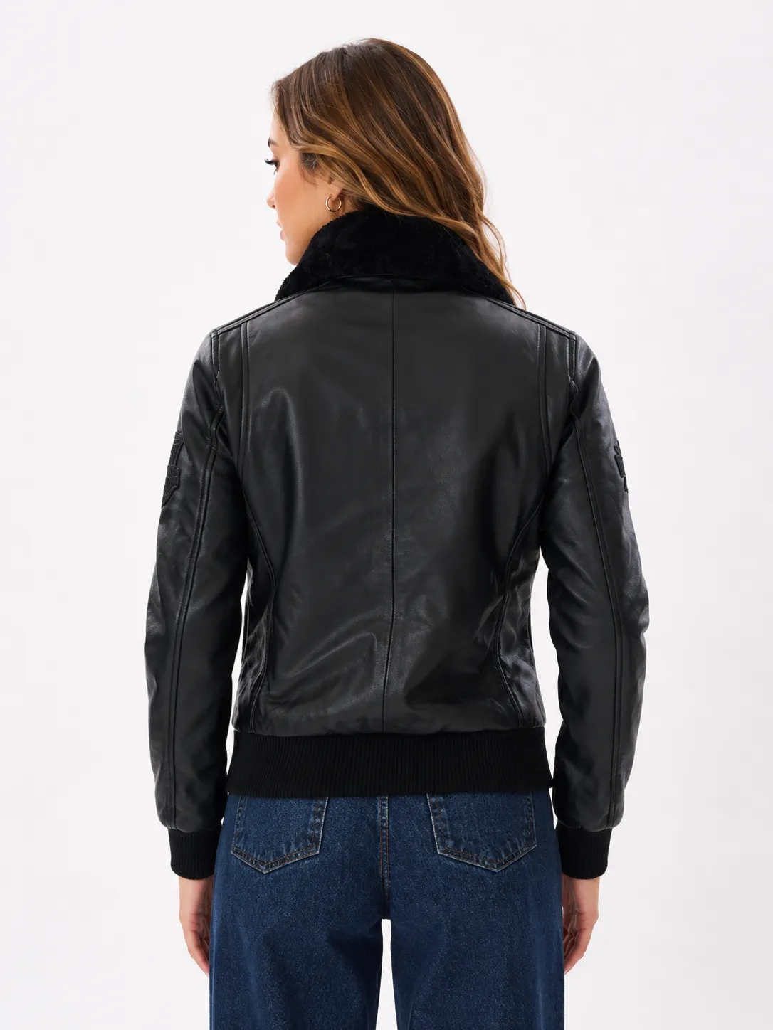 Womens Black Leather Flight Bomber Jacket With Fur Collar-5