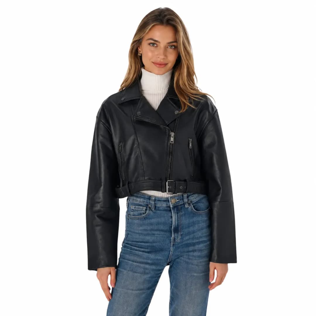 Womens Cropped Black Leather Biker Jacket-1