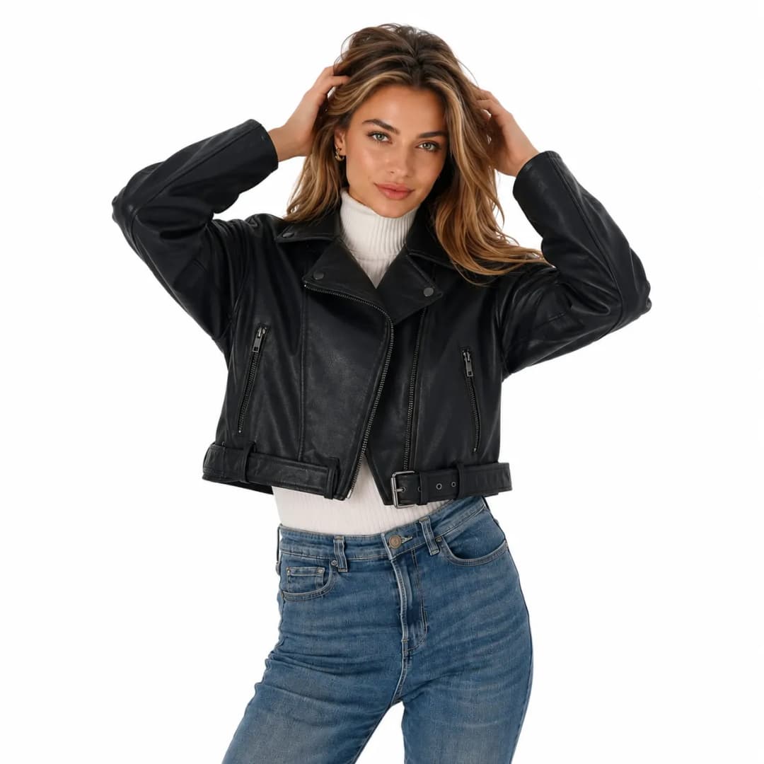 Womens Cropped Black Leather Biker Jacket-2