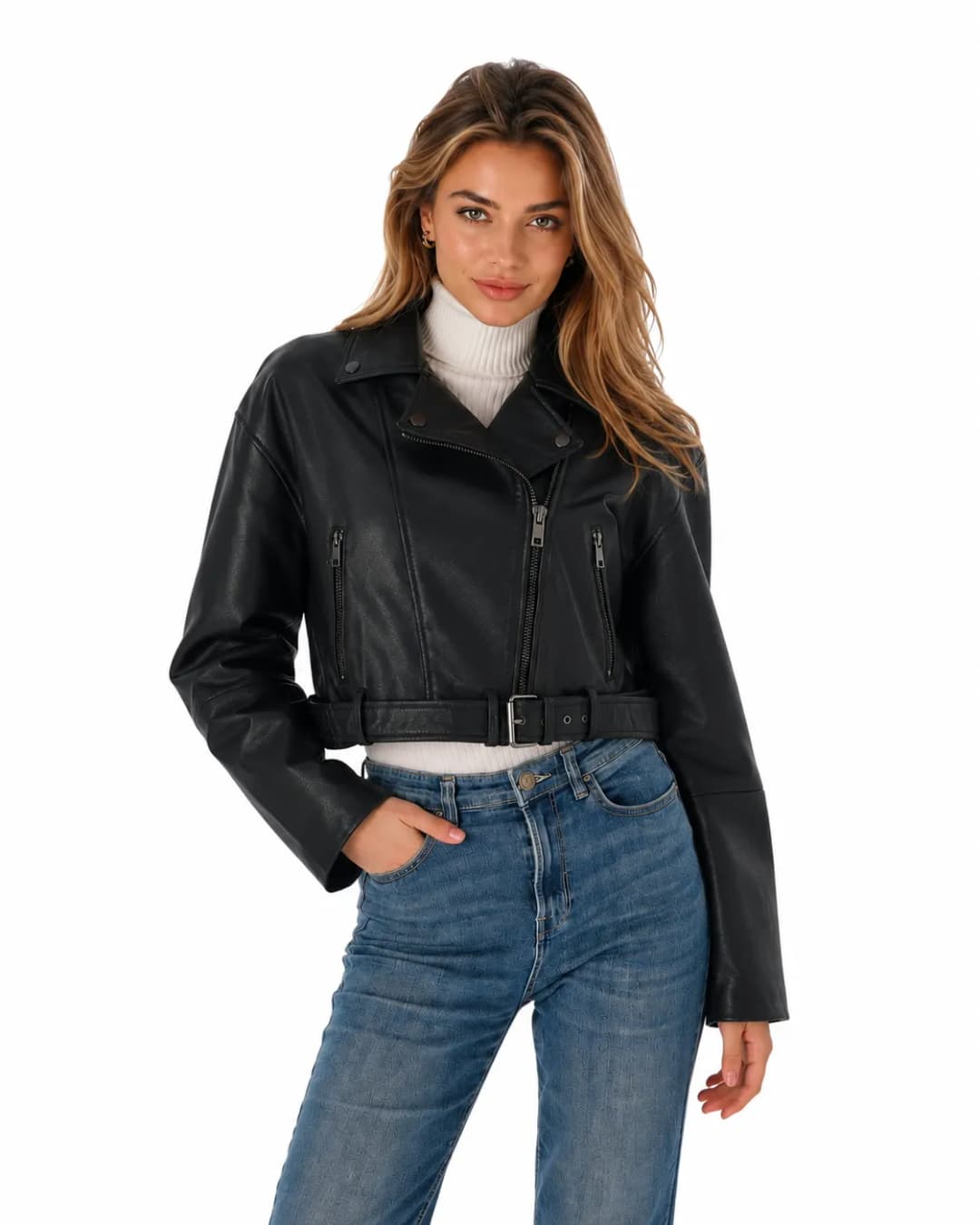 Womens Cropped Black Leather Biker Jacket-3
