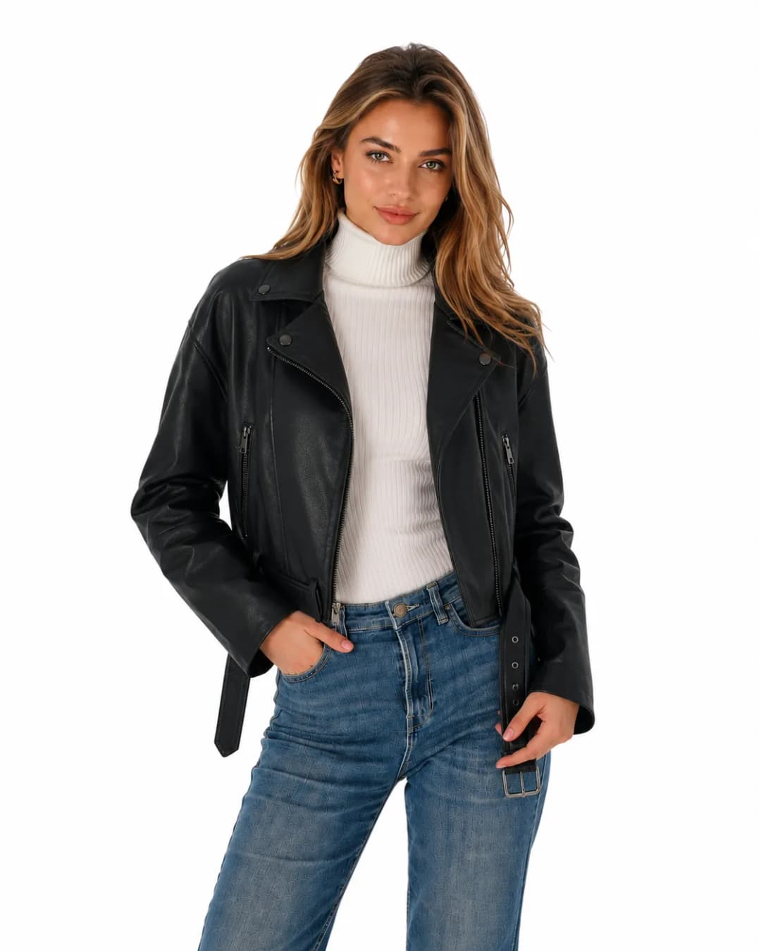 Womens Cropped Black Leather Biker Jacket-5