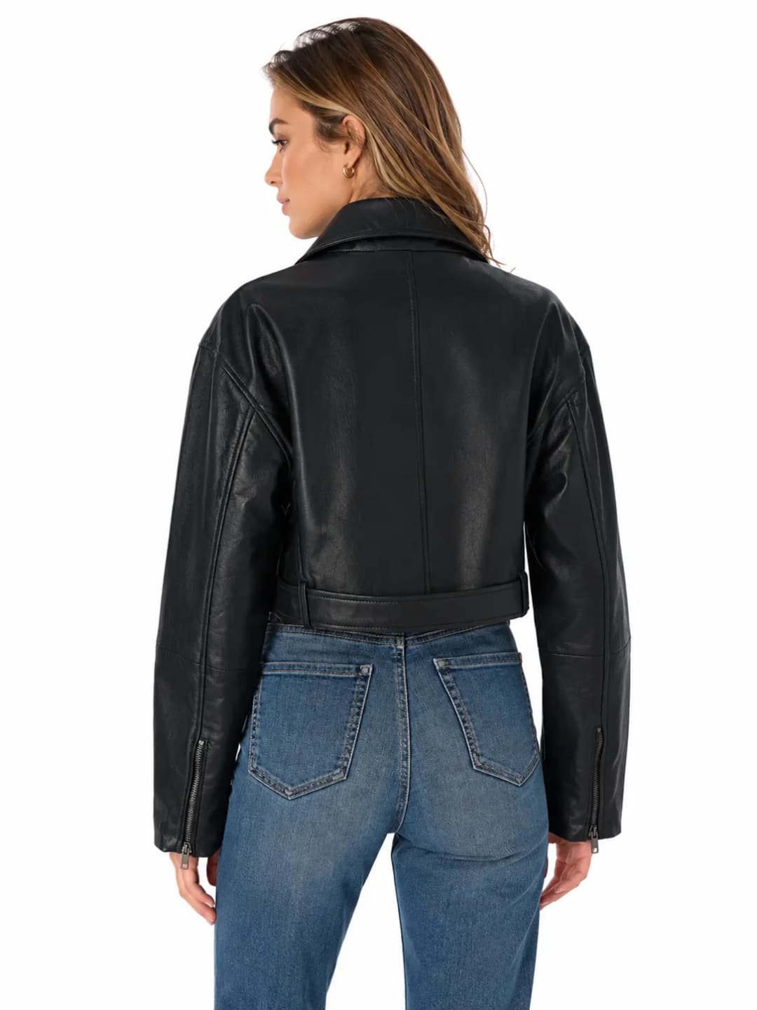Womens Cropped Black Leather Biker Jacket-6