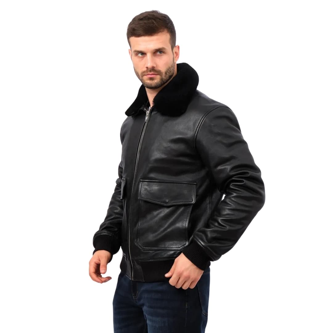 Mens Black Aviator Leather Bomber Jacket (2)