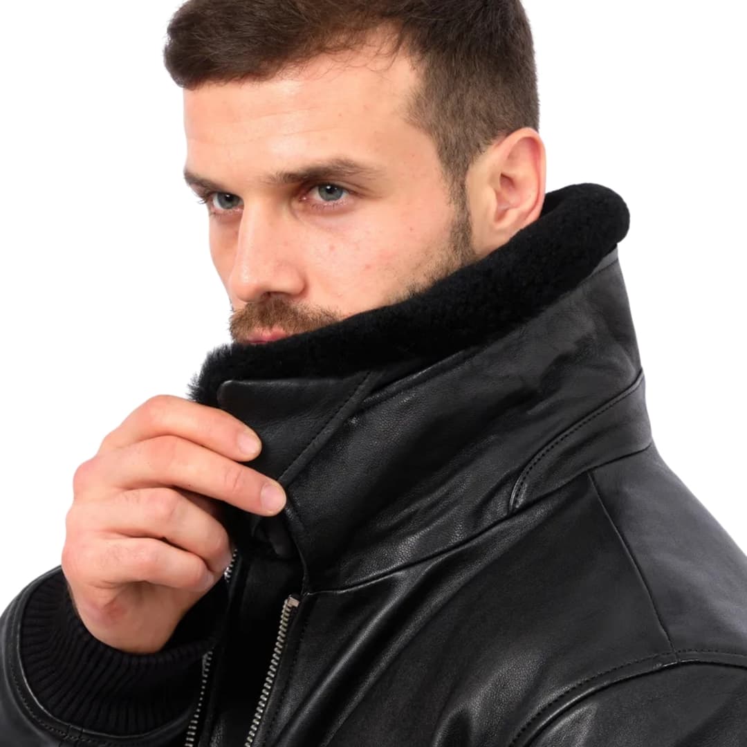 Mens Black Aviator Leather Bomber Jacket (4)