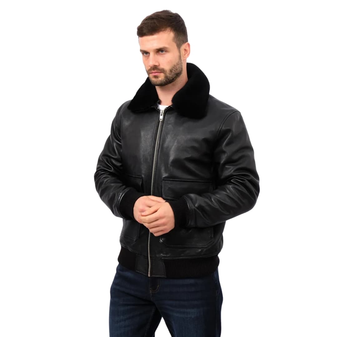 Mens Black Aviator Leather Bomber Jacket (7)