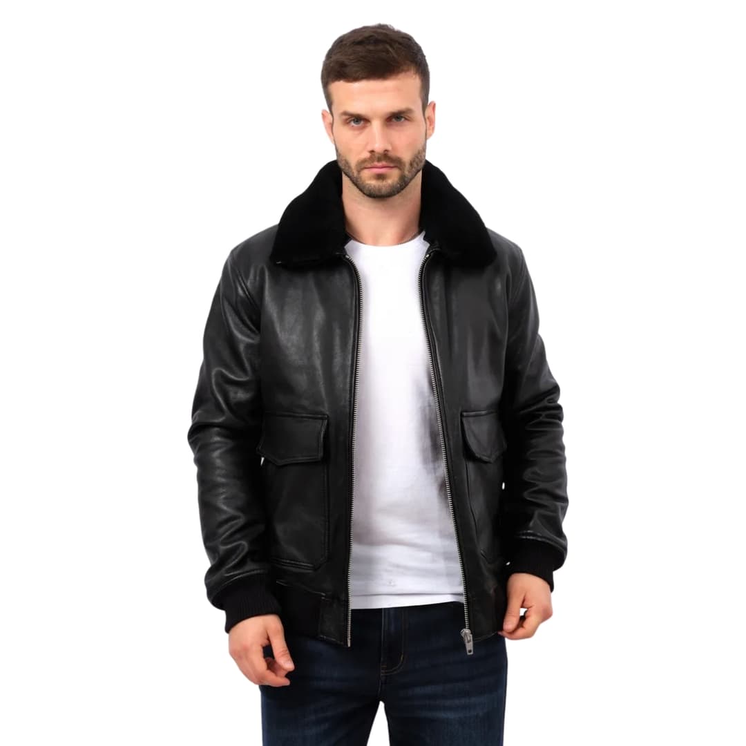 Mens Black Aviator Leather Bomber Jacket (8)