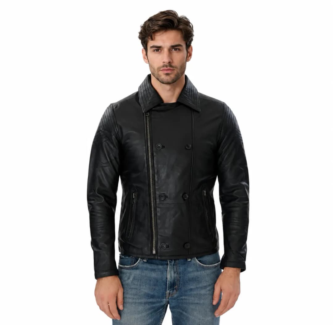 Mens Double Breasted Black Leather Jacket_1