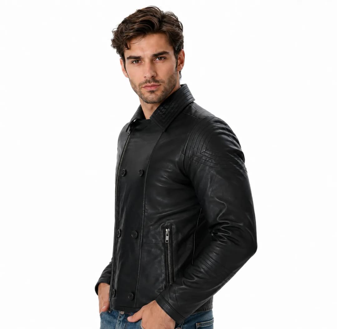 Mens Double Breasted Black Leather Jacket_2